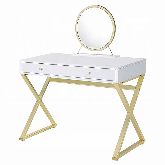 ACME Coleen Vanity Desk with Mirror and Jewelry Tray in White and Gold AC00667