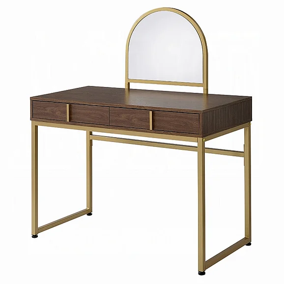 ACME Coleen Vanity Desk with Mirror and Jewelry Tray in Walnut and Gold AC00670