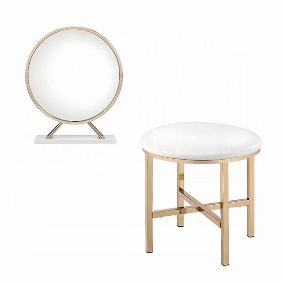 ACME Midriaks Mirror and Stool in White and Gold AC00723