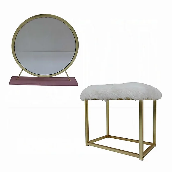 ACME Adao Vanity Mirror and Stool in Pink and Gold AC00934