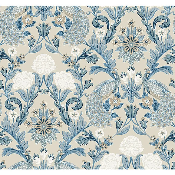 York E64-Arts and Crafts Plume Dynasty Neutral & Blue Wallpaper AC9105 (Double Roll)