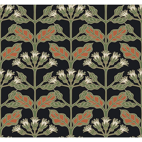 York E64-Arts and Crafts Tracery Blooms Black Metallic Wallpaper AC9113 (Double Roll)