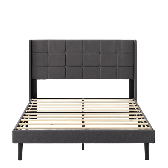 Full Size Platform Bed Frame, Upholstered Tufted Headboard with Solid Wood Slat Support, Dark Gray
