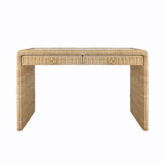 Worlds Away Adrien Two Drawer Waterfall Edge Desk in Woven Rattan ADRIEN