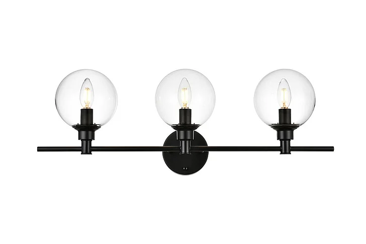 Elegant Jaelynn 3 Light Black and Clear Bath Sconce LD7318W28BLK CLOSEOUT