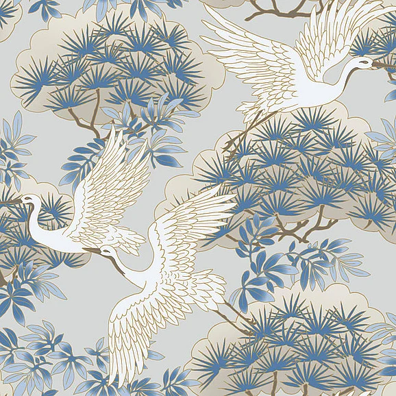 York D26-Tea Garden Sprig & Heron Light Blue Wallpaper AF6591 (Double Roll)