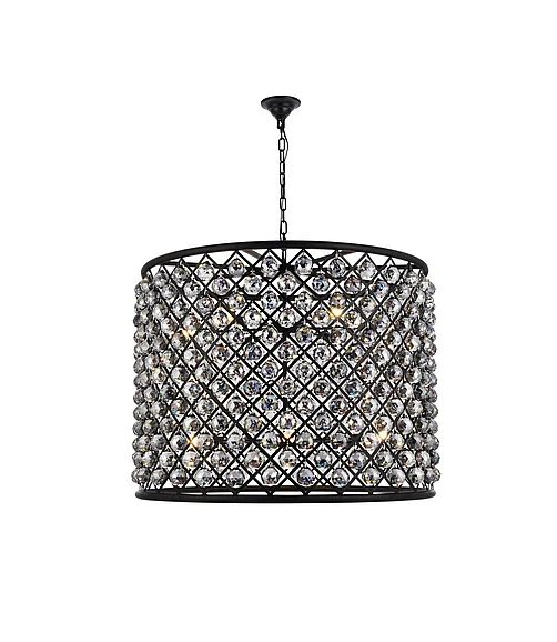 Elegant Madison 12 Light Matte Black Chandelier Silver Shade (Grey) Royal Cut Crystal 1206D35MB-SS/RC
