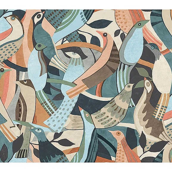 York F16-Artistic Abstracts Fauvist Flock Coral & Aqua Wallpaper AG2016 (Double Roll)