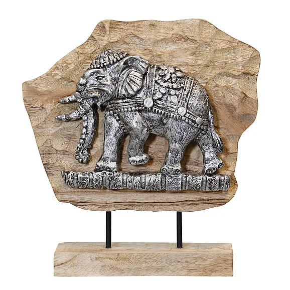 StyleCraft Natural Wood Antique Silver Elephant On Stand AI51184