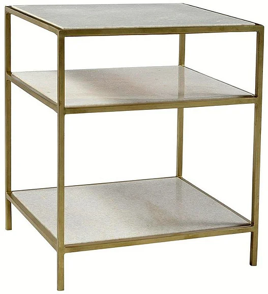 Ungali Wrought Iron Multi- tier Side Table in Polished Brass with Natural Marble Shelves