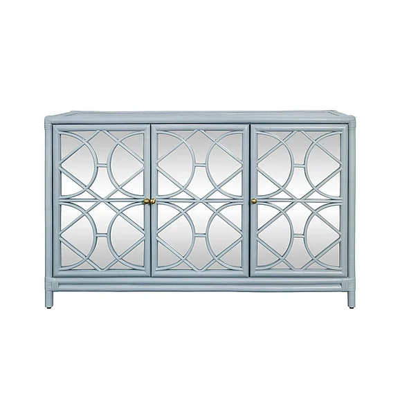Worlds Away Three Door Decorative Mirror Front Buffet in Rattan Painted Light Blue ARIA LB