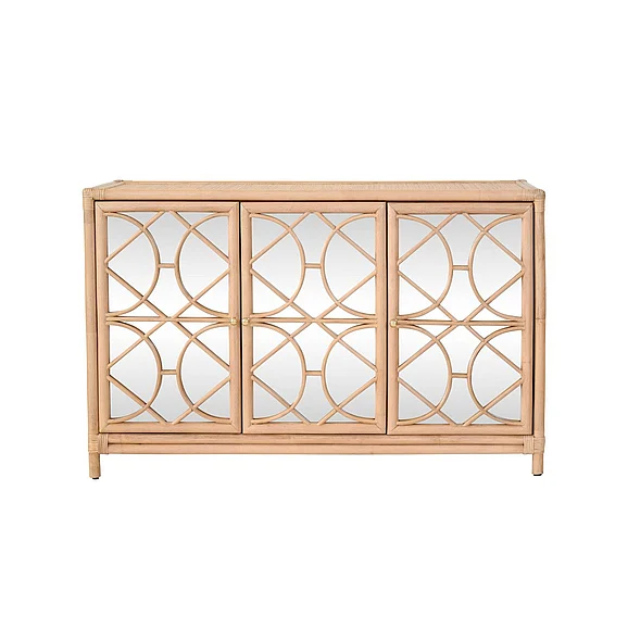 Worlds Away Three Door Decorative Mirror Front Buffet in Natural Rattan ARIA NAT