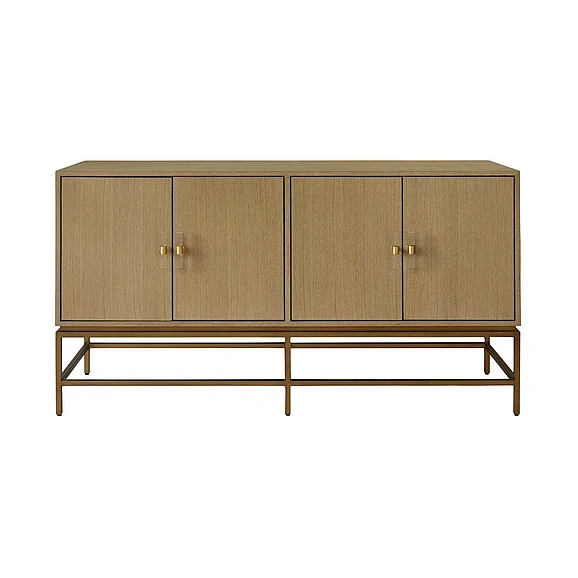 Worlds Away Four Door Buffet w/ Antique Brass Metal Base in Cerused Oak ARIEL CO