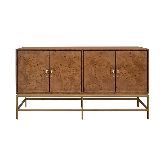 Worlds Away Four Door Buffet w/ Antique Brass Metal Base in Dark Burl Wood ARIEL DBW