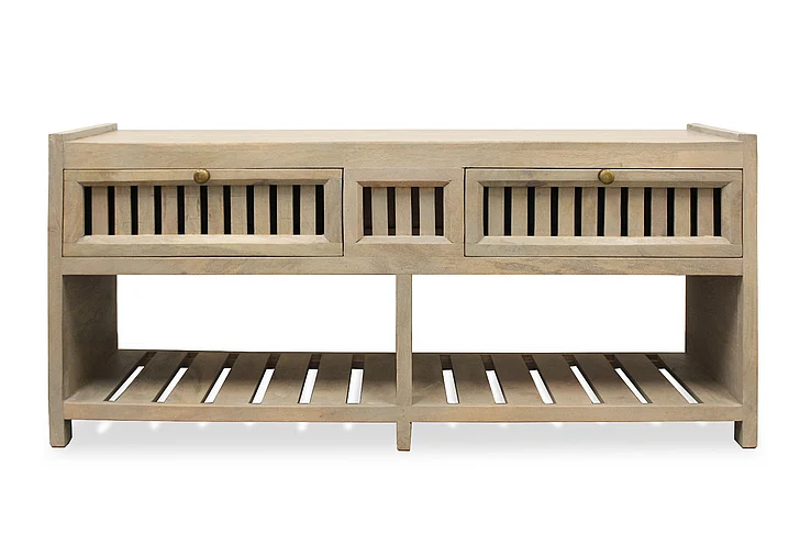 Moti Furniture Lin 2-Drawer Bench with Shelve in Gray Wash