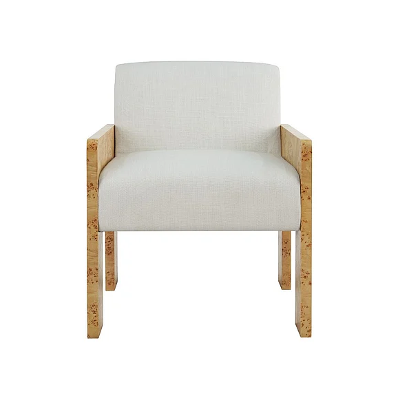 Worlds Away Square Arm Wooden Accent Chair in Burl Wood w/ White Linen ASTOR BW