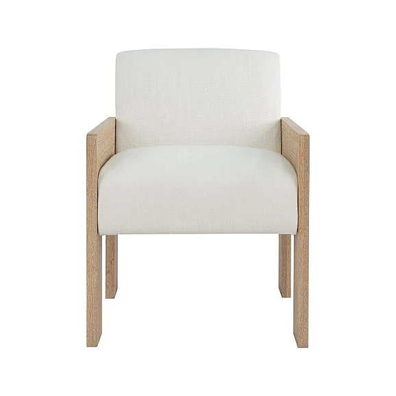 Worlds Away Square Arm Wooden Accent Chair in Cerused Oak w/ White Linen ASTOR CO