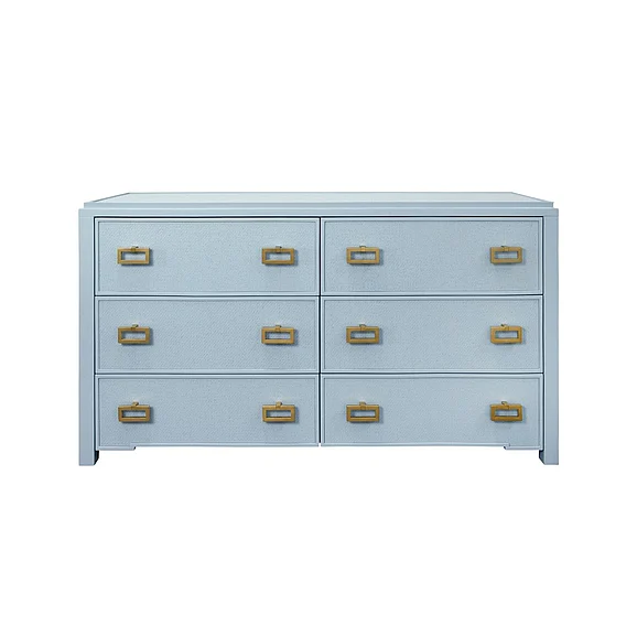 Worlds Away Six Drawer Chest w/ Matte Light Blue Frame and Light Blue Grasscloth Drawer Fronts ATTICUS LB