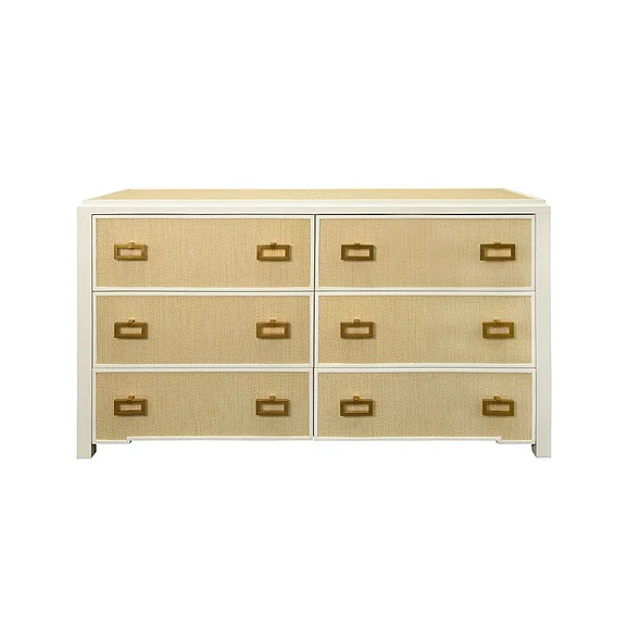 Worlds Away Six Drawer Chest w/ Matte White Lacquer Frame and Natural Grasscloth Drawer Fronts ATTICUS NAT