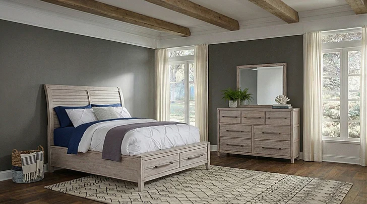 American Woodcrafters Aurora 3pc Bedroom Set - Queen Sleigh Storage Bed, Dresser, Mirror in Whitewash