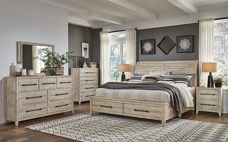 American Woodcrafters Aurora 5pc Bedroom Set - Queen Sleigh Storage Bed, 1-Drawer Nightstand, Dresser, Mirror and Chest in Whitewash
