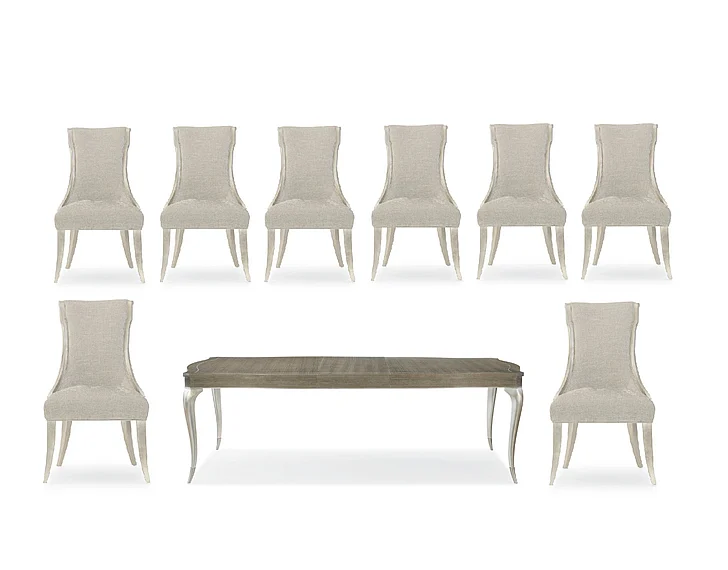Caracole Furniture Avondale 9pc Rectangular Dining Room Set in Soft Silver Paint - SET B