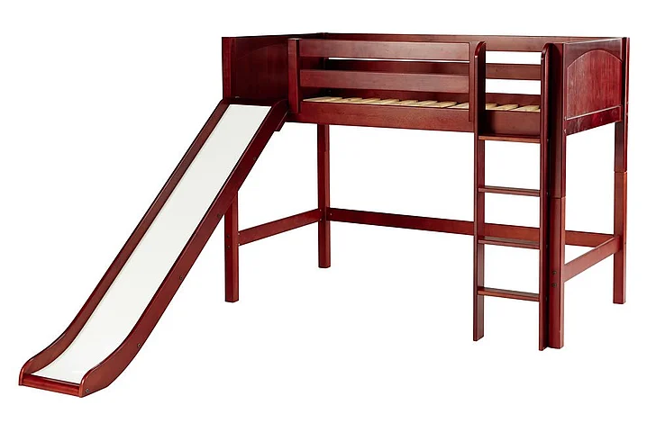 Maxtrix Bare Bone Twin Size Mid Loft (Low/Low) Panel Bed with Straight Ladder and Slide in Chestnut AWESOMECP
