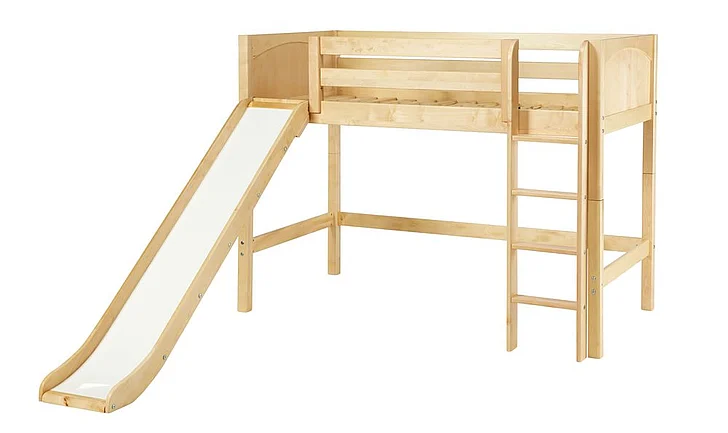 Maxtrix Bare Bone Twin Size Mid Loft (Low/Low) Panel Bed with Straight Ladder and Slide in Natural AWESOMENP