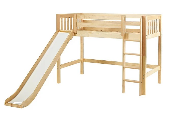 Maxtrix Bare Bone Twin Size Mid Loft (Low/Low) Slat Bed with Straight Ladder and Slide in Natural AWESOMENS