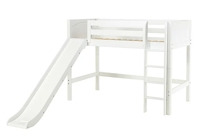 Maxtrix Bare Bone Twin Size Mid Loft (Low/Low) Panel Bed with Straight Ladder and Slide in White AWESOMEWP