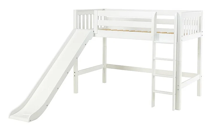 Maxtrix Bare Bone Twin Size Mid Loft (Low/Low) Slat Bed with Straight Ladder and Slide in White AWESOMEWS