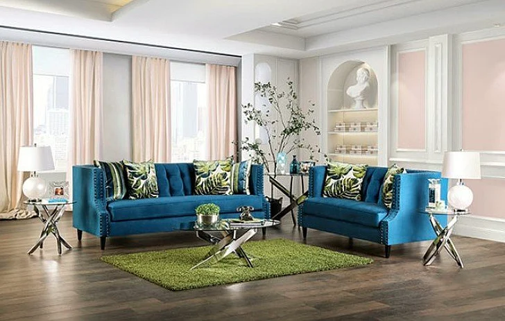 Furniture of America Azuletti 2pc Living Room Set in Dark Teal/Apple Green