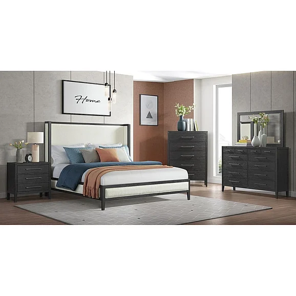 Elements International Versailles 2-Piece Upholstered Panel Bedroom Set in Black