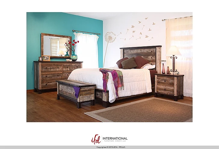 IFD Antique 4-Piece Low Profile Bedroom Set in Multicolor Distressed