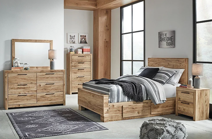 Hyanna 4-Piece Panel 2 Side Storage Bedroom Set in Tan Brown