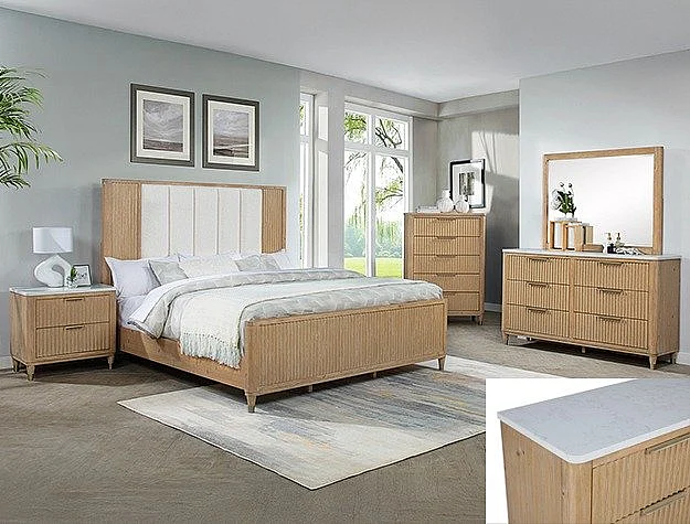 Crown Mark Kara 2pc Upholstered Panel Bedroom Set in Cerused Natural