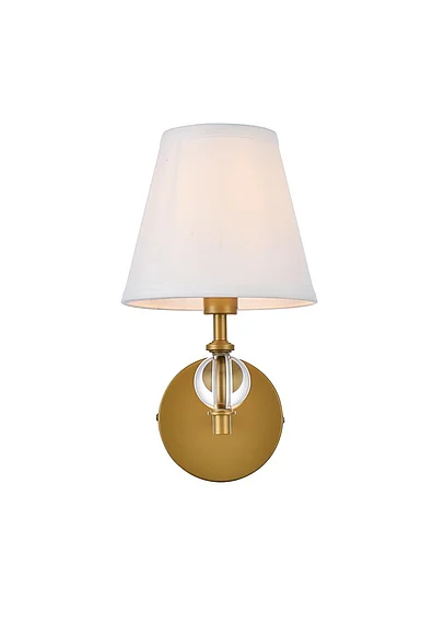Elegant Bethany 1 Light Bath Sconce in Brass with White Fabric Shade LD7021W6BR