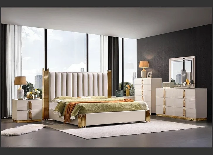 McFerran Home Furnishing B2001 4pc Platform Bedroom Set in White/Gold