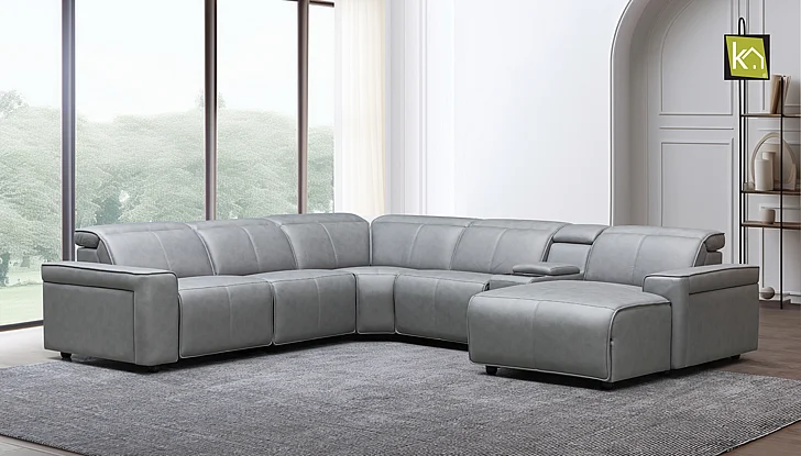 Klaussner Leonardo 6 Piece Leather Power Recliner Sectional in Light Gray KLA-SKY-B2382B+L1.5RP2+A1.5T+W+A1.5RP2+CT+R1.5RP2-SY780905LIGHTGRAY