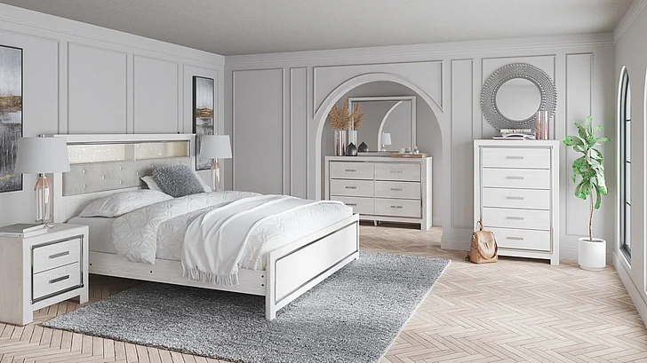 Altyra 4-Piece Upholstered Panel Bookcase Bedroom Set in White