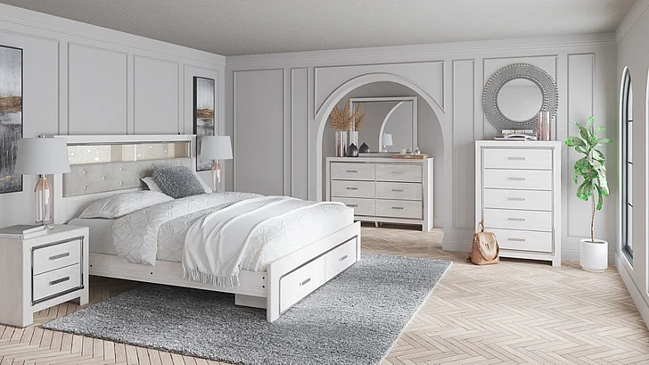 Altyra 4-Piece Upholstered Panel Bookcase Storage Bedroom Set in White