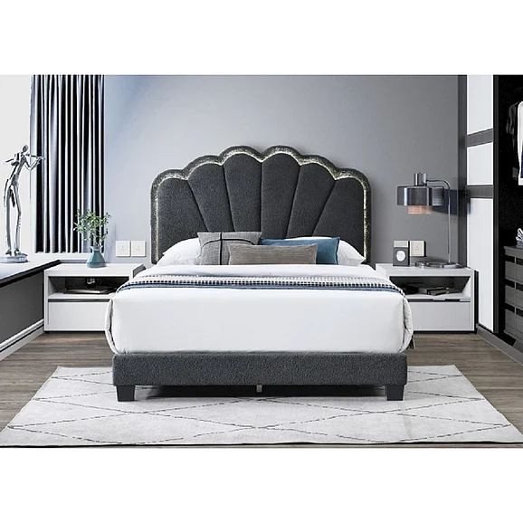 Glam Twin Size LED Platform Bed with Shell Arch Adjustable Headboard, Dark Gray