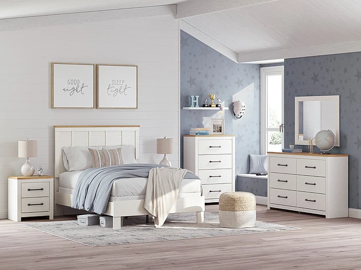 Linnocreek 6-Piece Panel Bedroom Set in White/Warm Brown