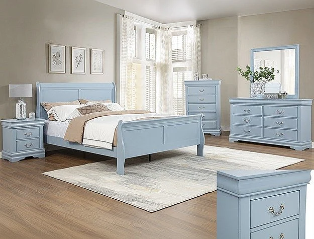 Crown Mark Louis Philip 4-Piece Sleigh Bedroom Set in Morandi Blue