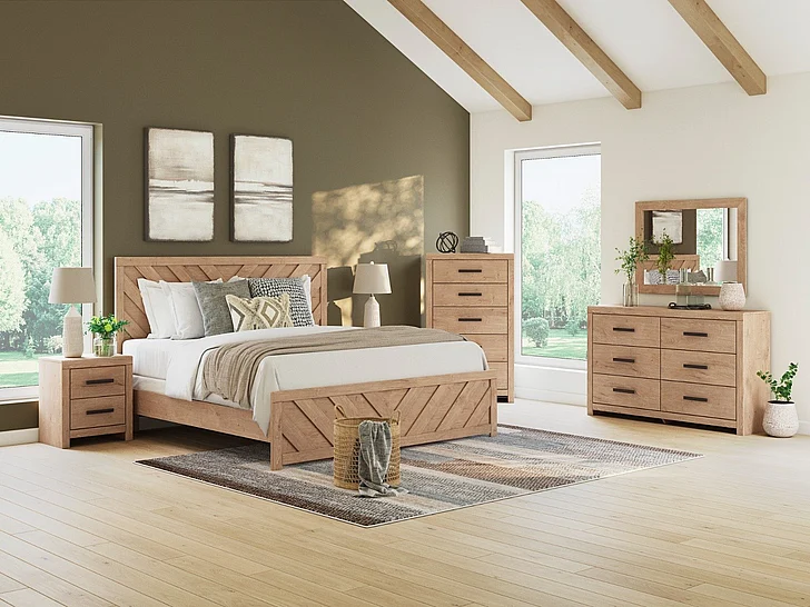 Sanginlane 6-Piece Panel Bedroom Set in Tan