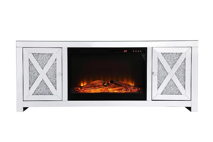 Elegant 59 In. Crystal Mirrored TV Stand with Wood Log Insert Fireplace MF9903-F1