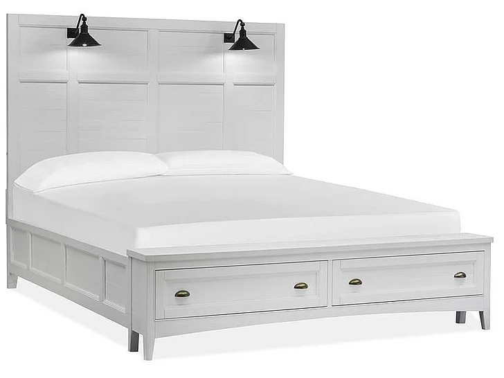 Magnussen Furniture Heron Cove 4-Piece Lamp Panel Storage Bedroom Set in Chalk White