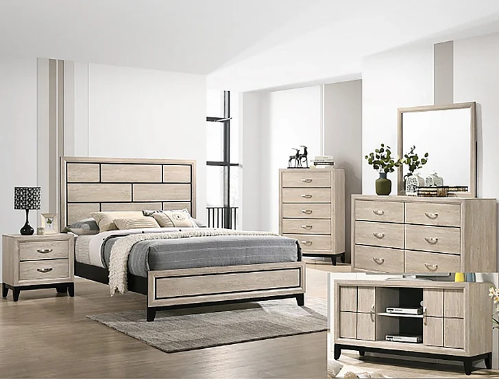 Crown Mark Furniture Akerson 5pc Panel Bedroom Set in Beige