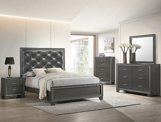 Crown Mark Furniture Kaia 4pc Panel Bedroom Set in Dark Gray