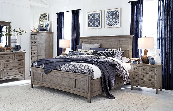 Magnussen Furniture Paxton Place 4pc Panel Bedroom Set with Storage Rails in Dovetail Grey